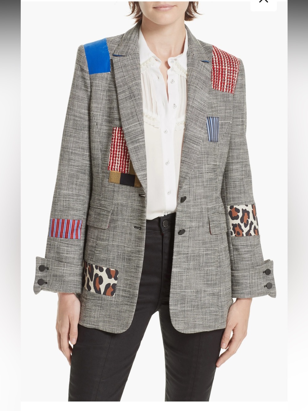 Alice and Olivia Paulene Patchwork French-cuff Check Blazer In Black / Multi-12